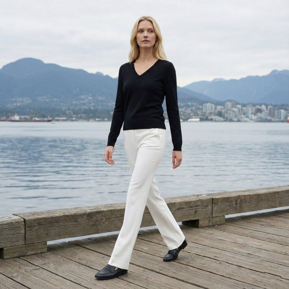 100% Wool Black Sweater V-Neck Classic & Warm